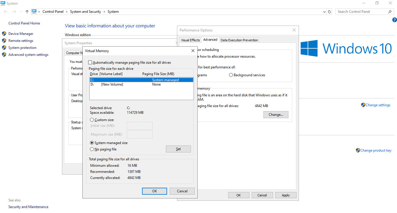 Windows 10 Virtual Memory Settings